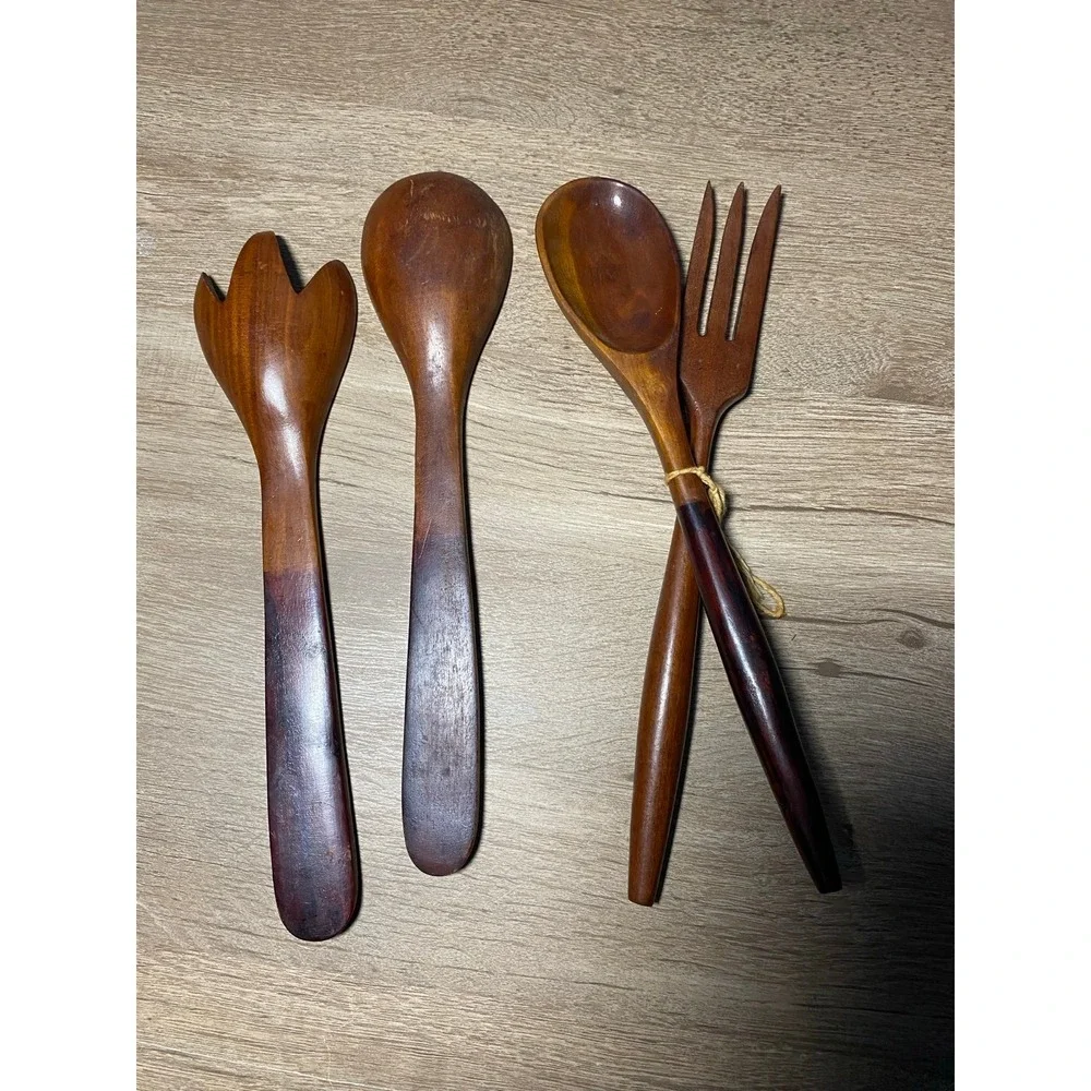 10pcs VTG 60s MCM Tiki Hawaiian Serving‎ Bowl Set Wood Flower Shape Utensils